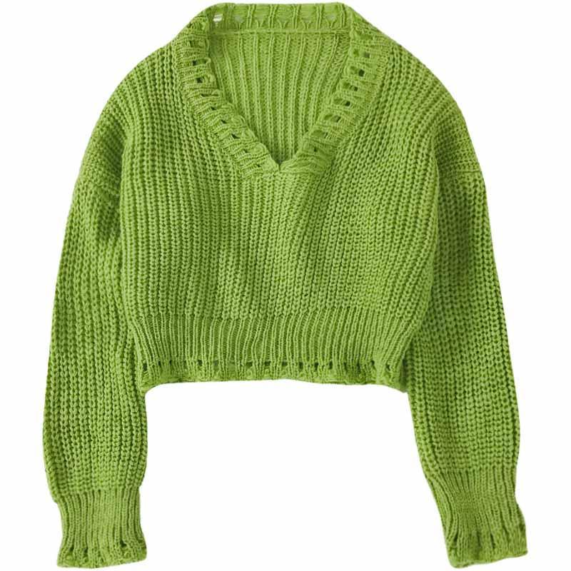 itGirl Shop GREEN WHITE VINTAGE AESTHETIC KNIT CROPPED LOOSE SWEATER