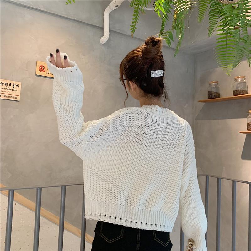 Green White Vintage Aesthetic Knit Cropped Loose Sweater