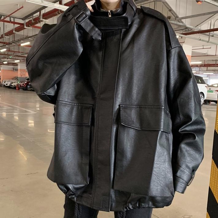 Grunge Faux Leather Drawstring Oversized Jacket