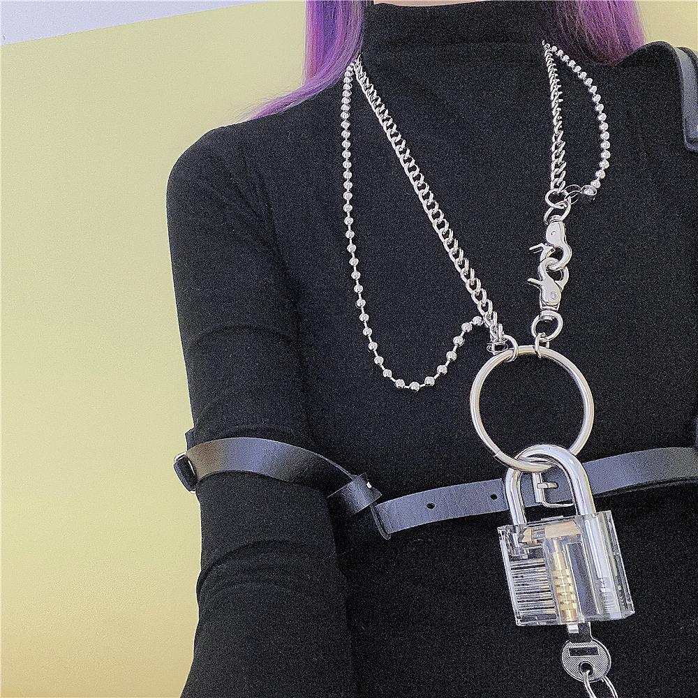 Grunge Girl Transparent Lock Key Huge Ring Belt Chain