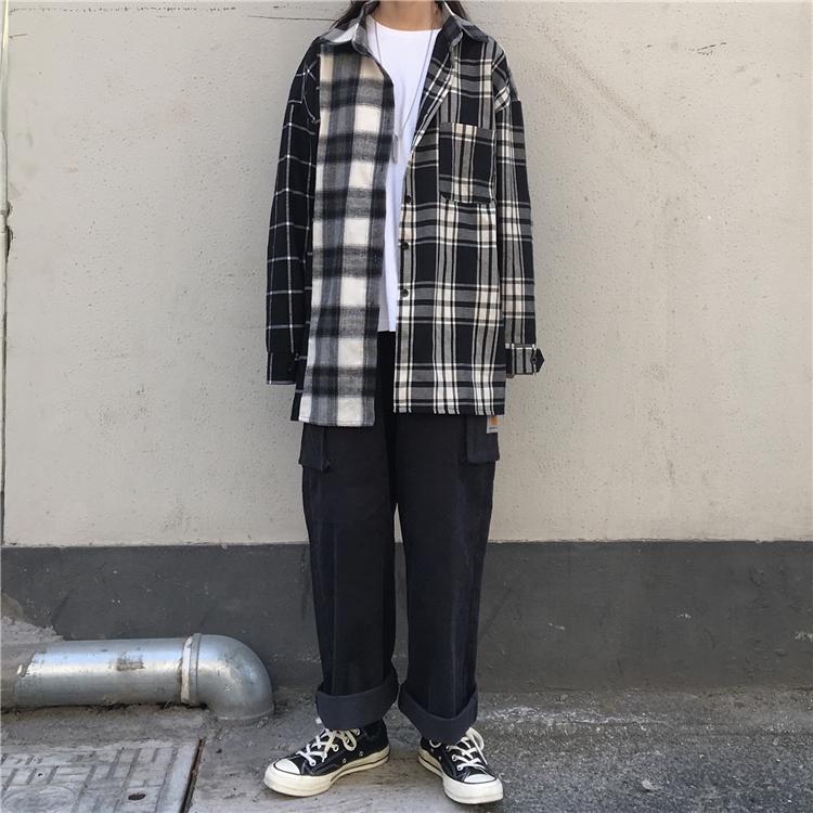 Grunge Patched Plaid Long Sleeved Casual Loose Shirt