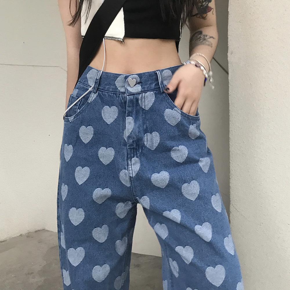 itGirl Shop HEART PRINTED SOFT GIRL AESTHETIC BAGGY JEANS