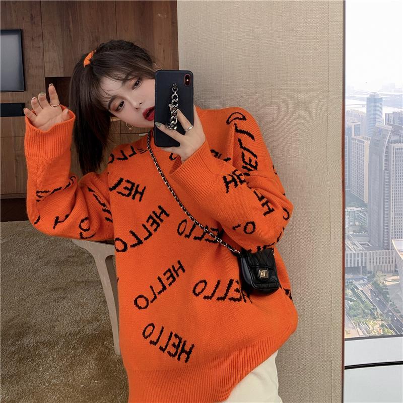 itGirl Shop HELLO LETTER PRINT OVERSIZED KNITTED SWEATER