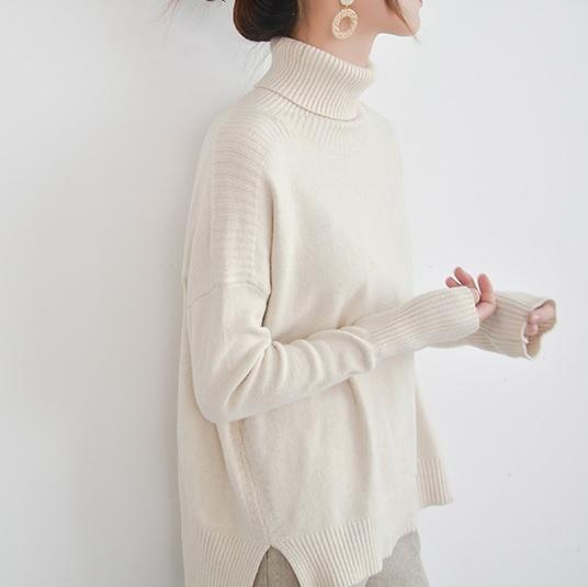 itGirl Shop HIGH NECK LONG RIBBED KNIT SWEATER