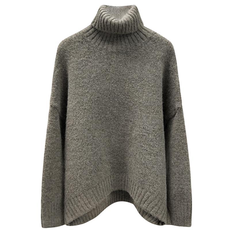 itGirl Shop HIGH NECK RIBBED OVERSIZE GRAY BROWN WOOL SWEATER