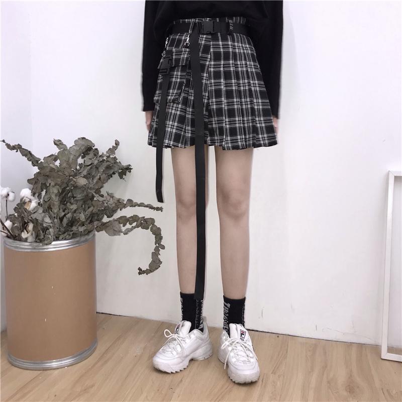 itGirl Shop Aesthetic Clothing High Waist Black Belts Pleated Plaid