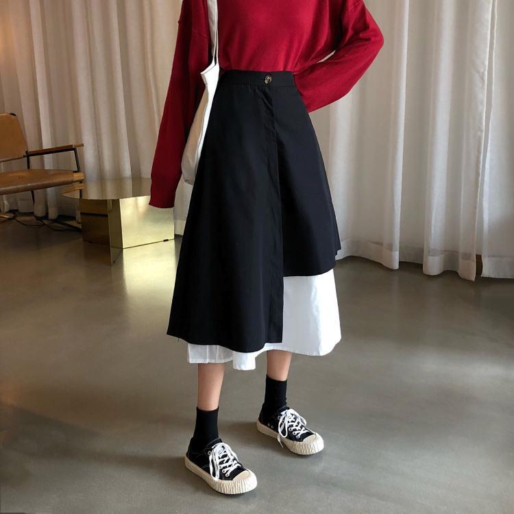 High Waist Irregular Design Long Stitching Skirt
