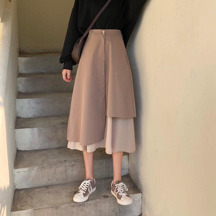 High Waist Irregular Design Long Stitching Skirt