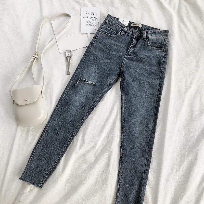 itGirl Shop HIGH WAIST KNEE RIPPED HOLES DENIM WASHED JEANS