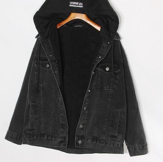 itGirl Shop - Aesthetic Clothing -Hooded Faux Fur Lining Denim Jacket