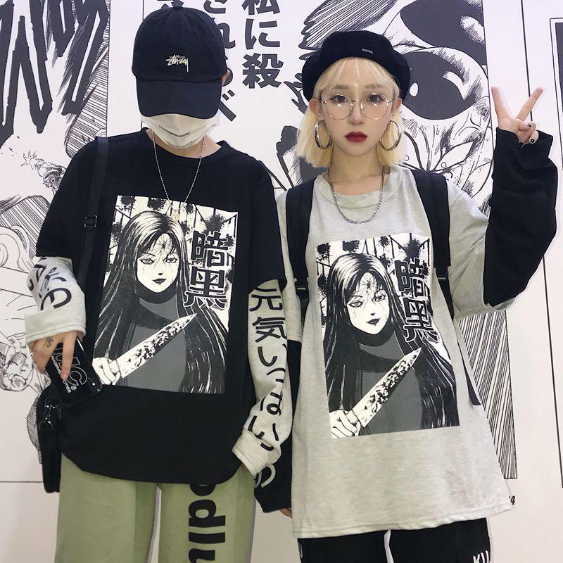 itGirl Shop HORROR COMIC PRINTED FAKE TWO PIECES STITCHING T-SHIRT