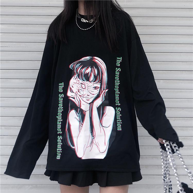 itGirl Shop JAPANESE HORROR MANGA GIRL PRINT LOOSE BLACK SWEATSHIRT