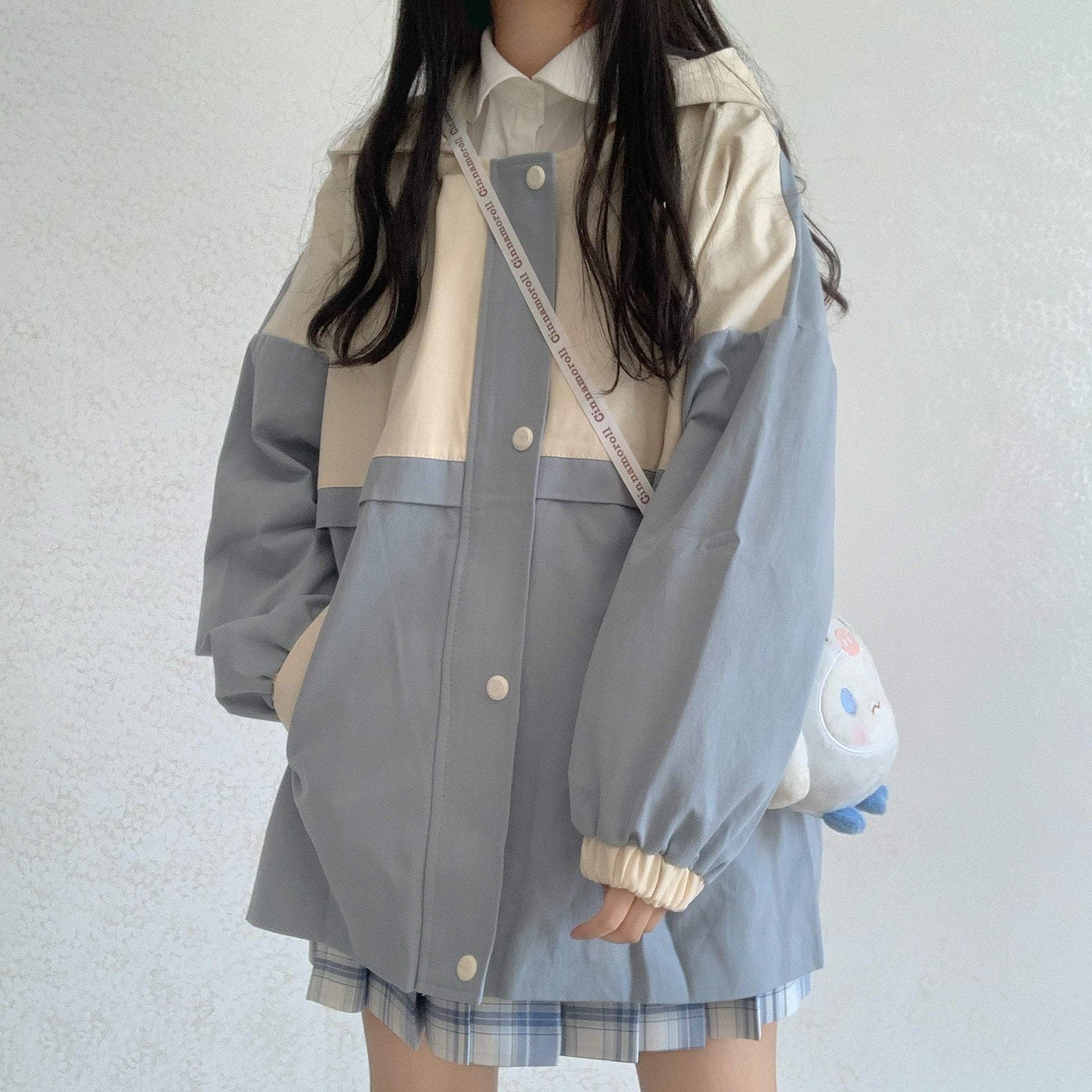 Kawaii Color Block Windbreaker Loose Hooded Jacket