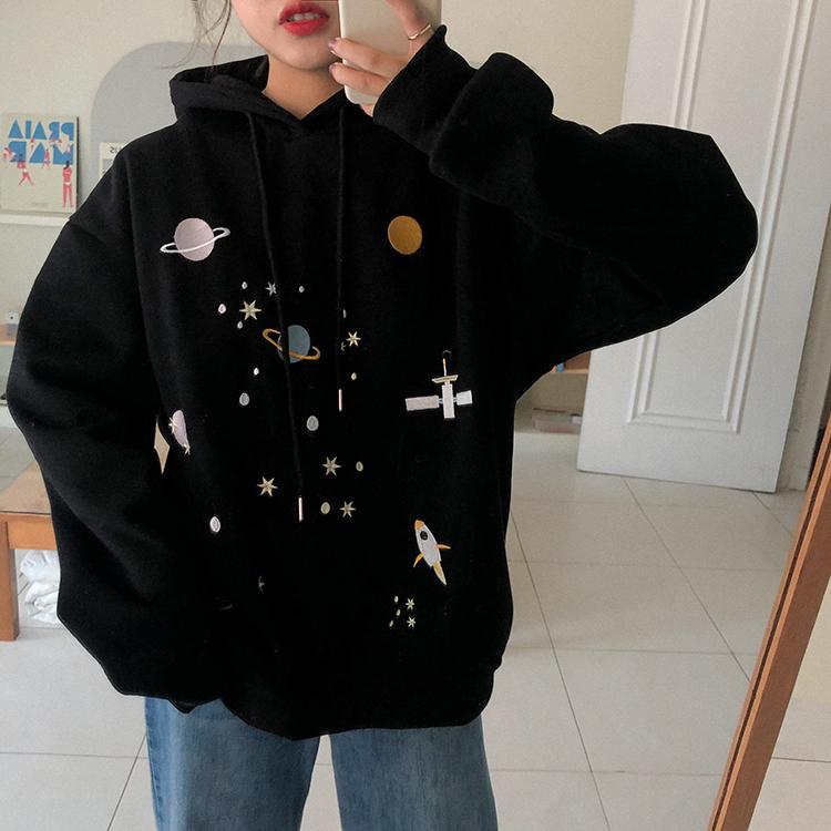 Kawaii Cosmic Embroidery Oversized Hooded Sweatshirt