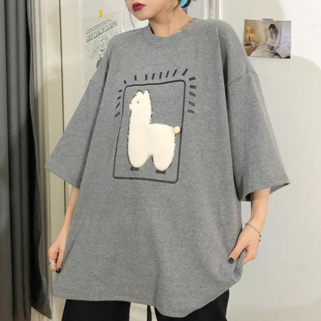 Kawaii Plush Alpaca Cartoon Loose T-Shirt