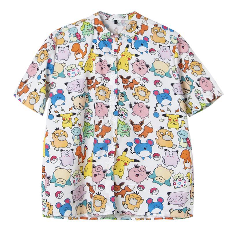 Kawaii Pokemon Print White Pink Chiffon Casual Shirt