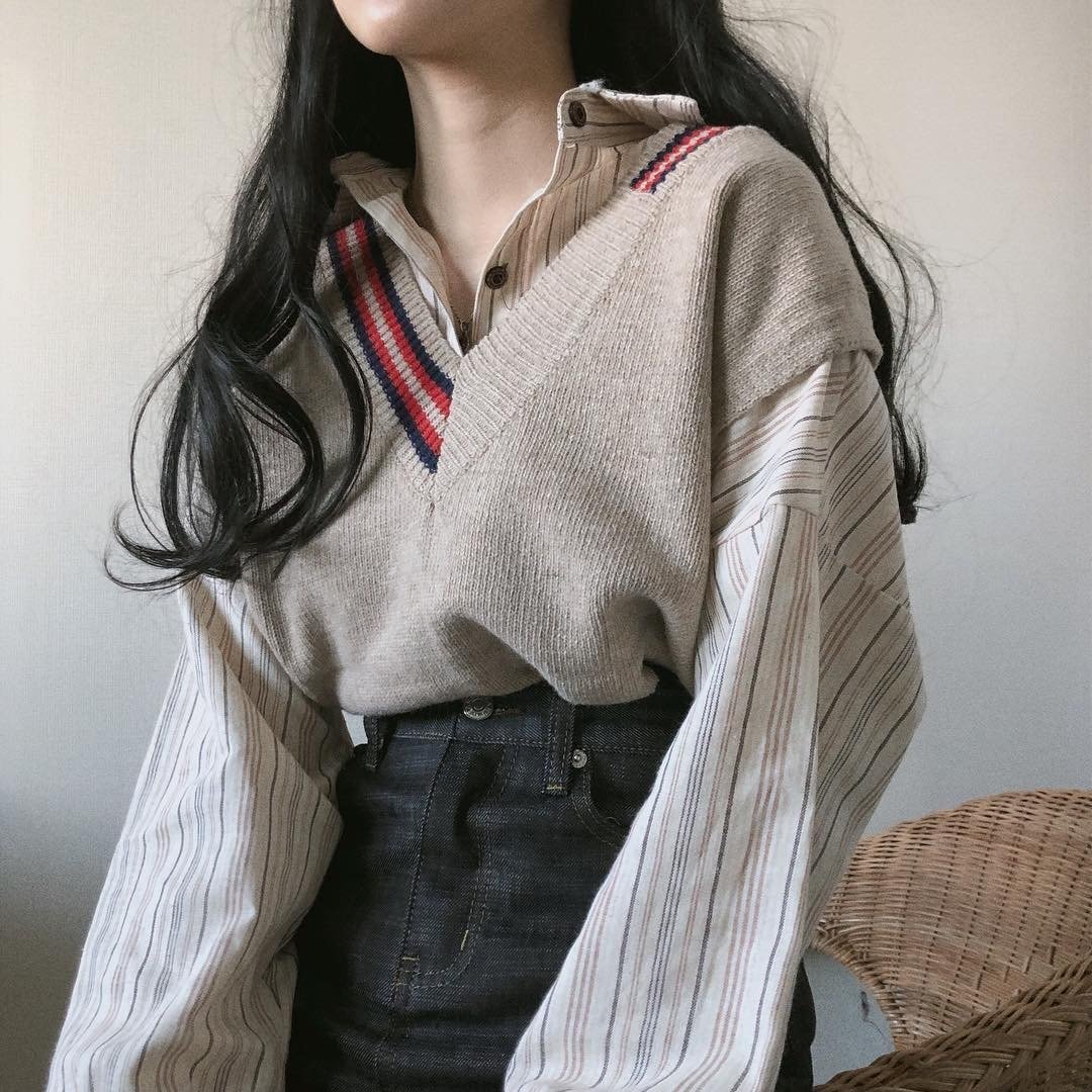 itGirl Shop - Aesthetic Clothing -Knit Loose Beige Vest + Striped