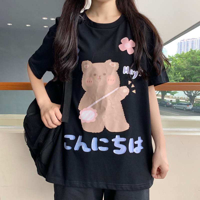 Konnichiwa Cute Bear Print Loose Black White T-Shirt