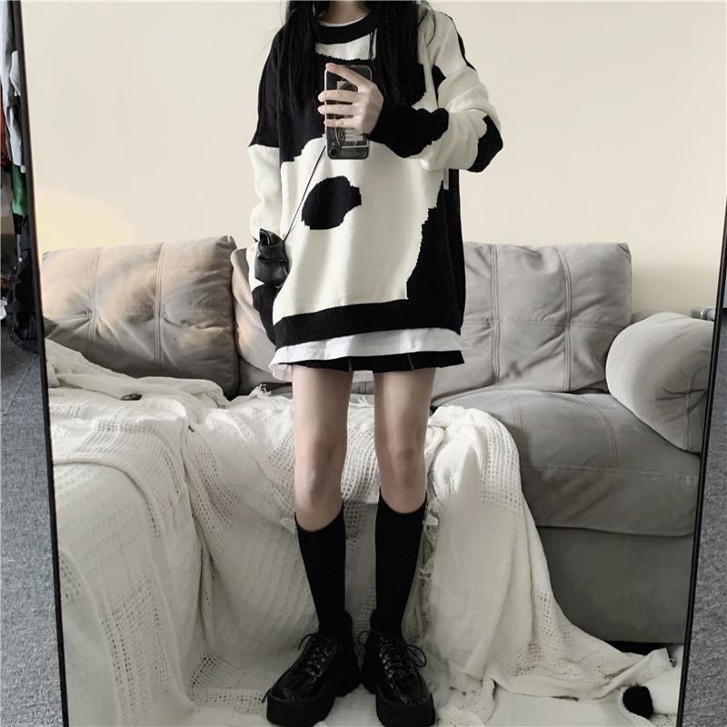 Korean Aesthetic Cow Printed Knit Oversized Sweater