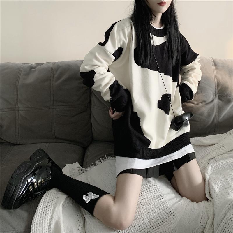 Korean Aesthetic Cow Printed Knit Oversized Sweater