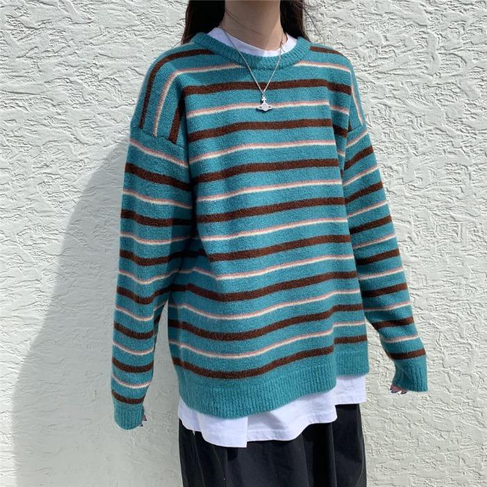 itGirl Shop KOREAN AESTHETIC ROUND NECK STRIPED KNITTED SWEATER