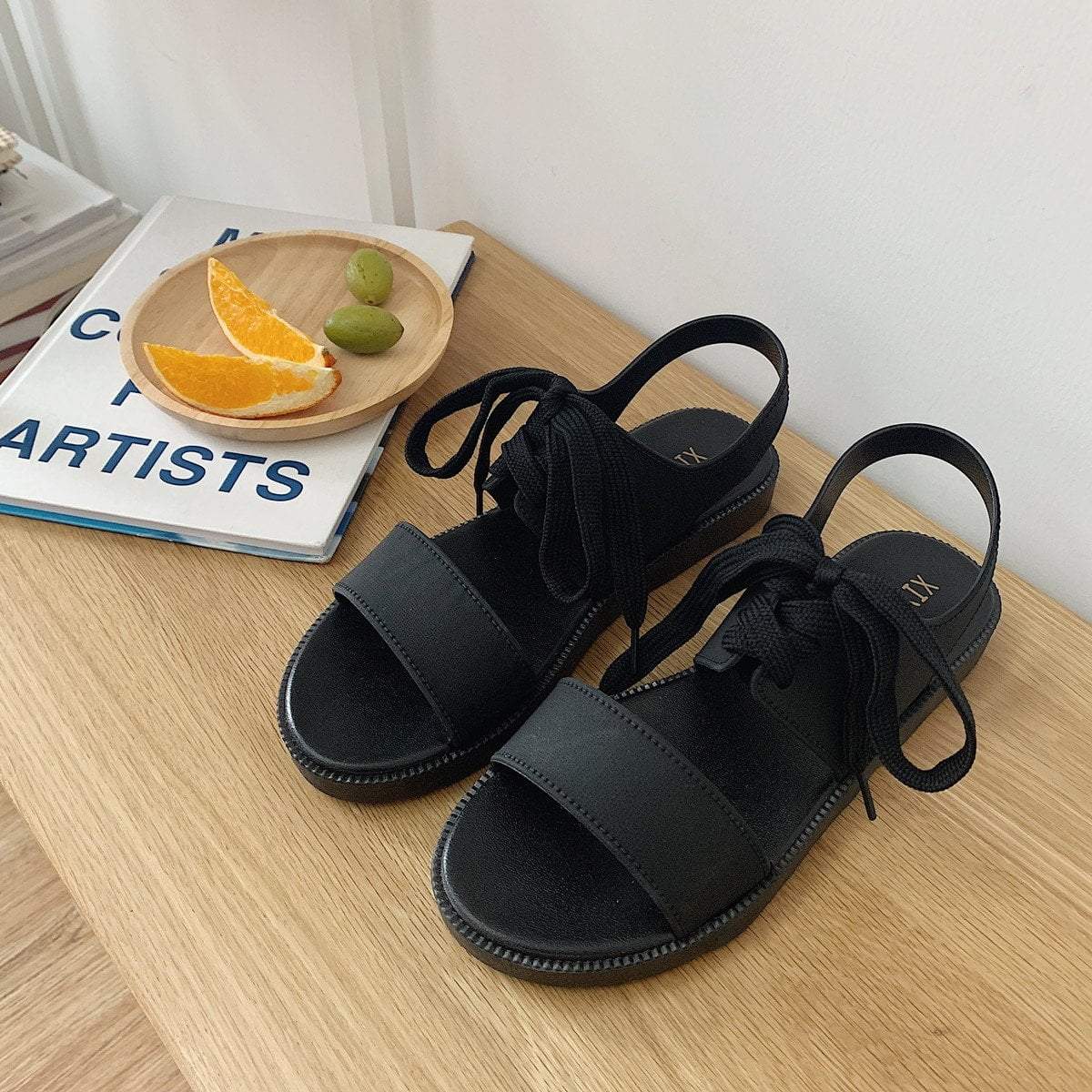 Lace Up Flat Black Aesthetic Summer Sandals