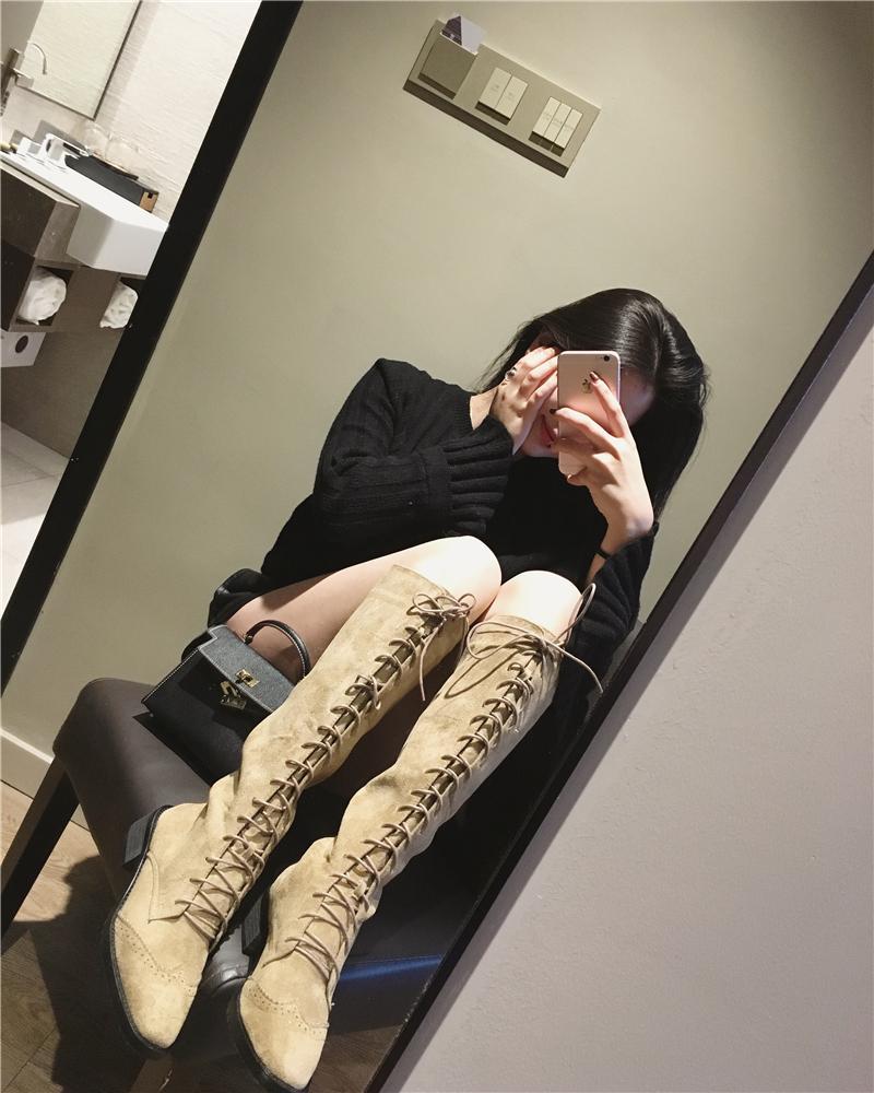 itGirl Shop LACE UP SQUARE HEEL OVER KNEE FLATS BOOTS