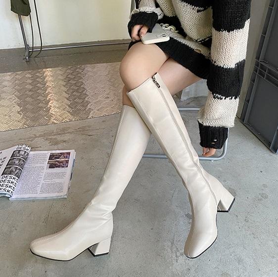 itGirl Shop LEATHER STITCHING KNEE-HIGH CHUNKY HEEL BOOTS