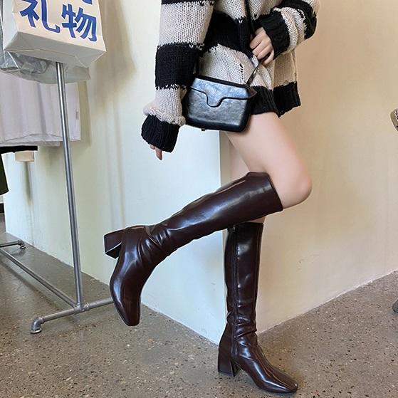 itGirl Shop LEATHER STITCHING KNEE-HIGH CHUNKY HEEL BOOTS