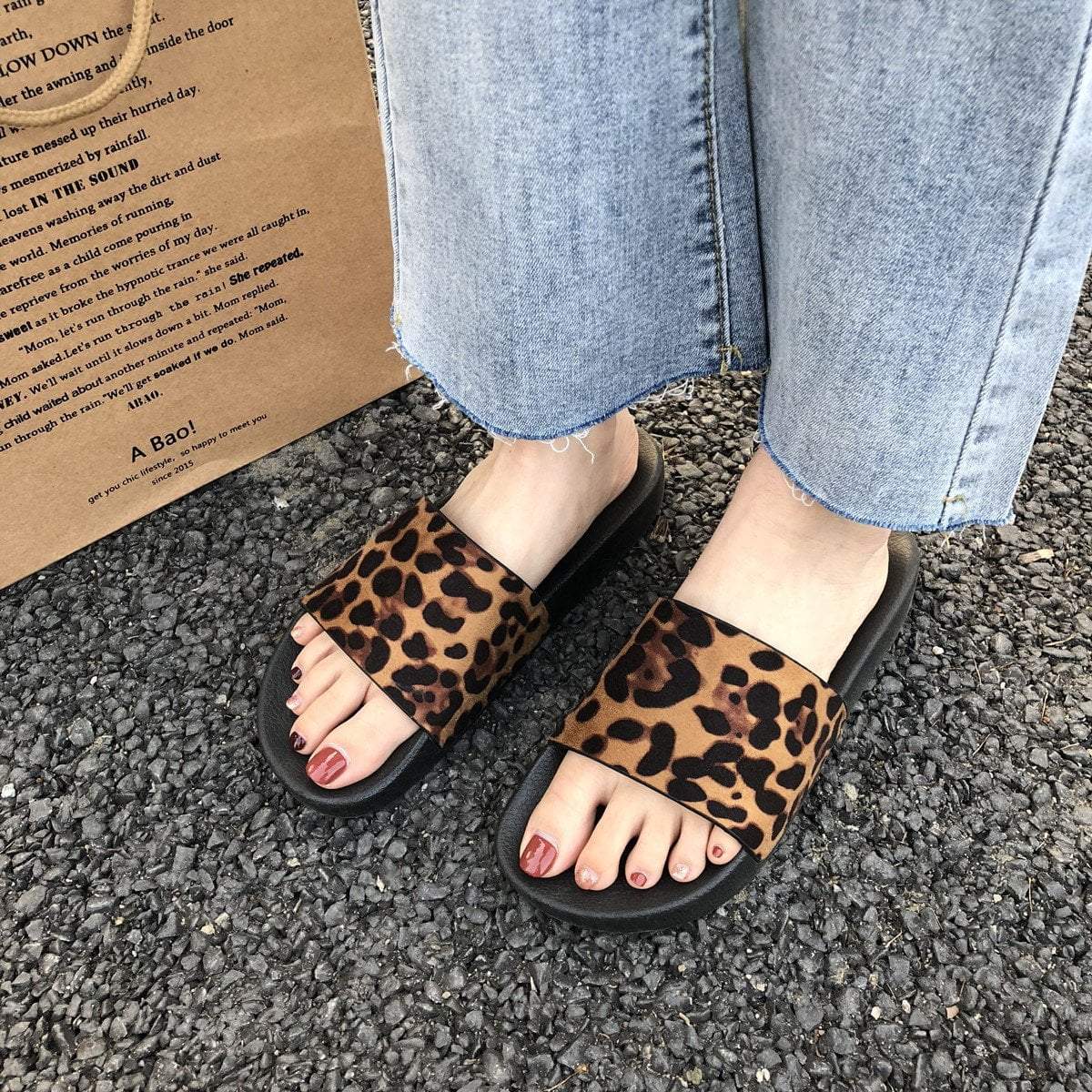 Leopard Print Black Flat Sole Rubber Summer Sandals