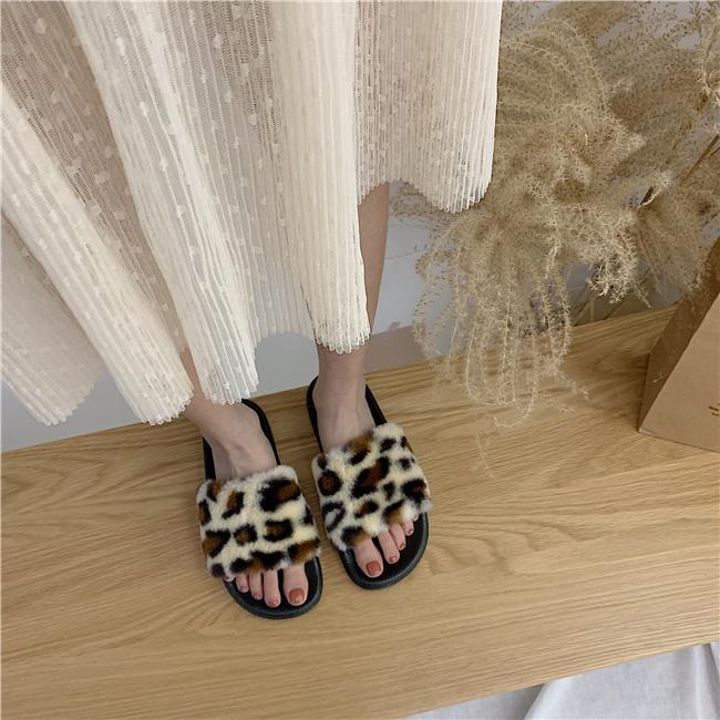 Leopard Print Faux Fur Black Flat Sole Slipper Sandals
