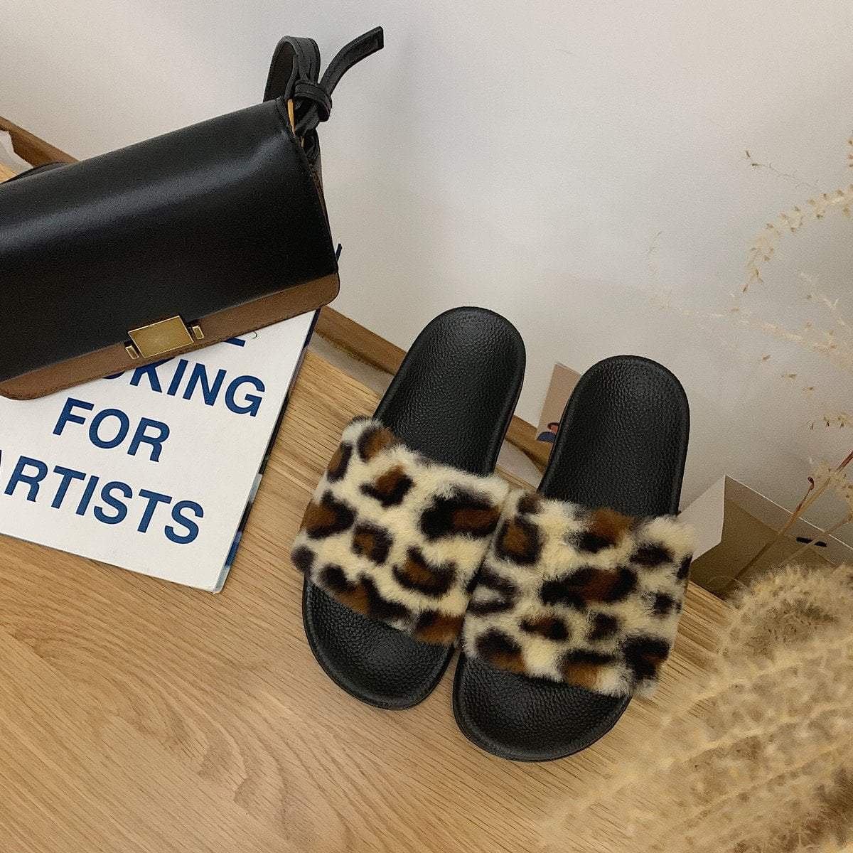 Leopard Print Faux Fur Black Flat Sole Slipper Sandals