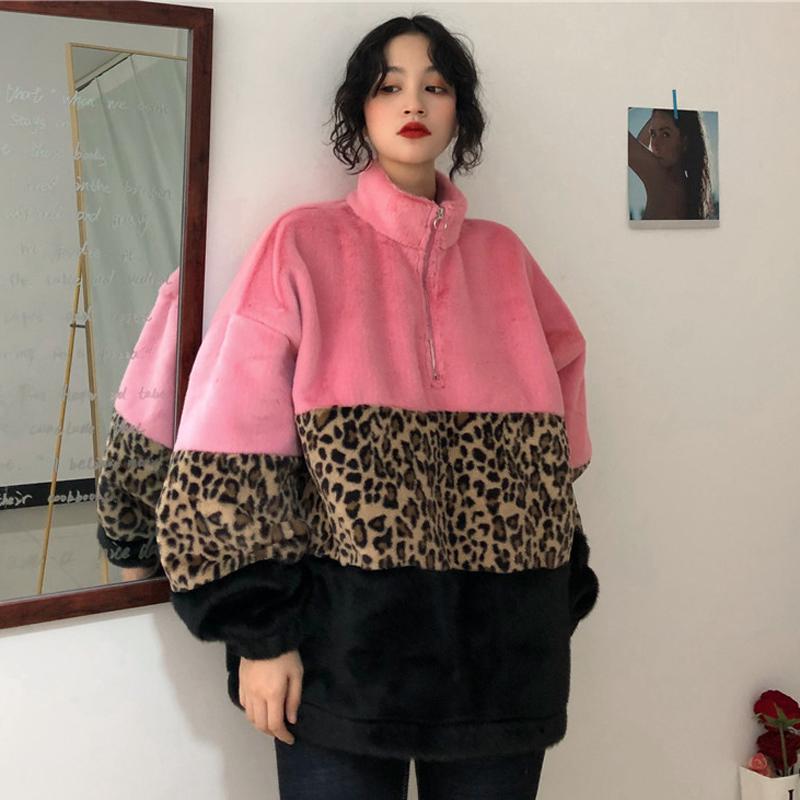 itGirl Shop LEOPARD STITCHING ZIPPER HIGH COLLAR FLUFFY JACKET