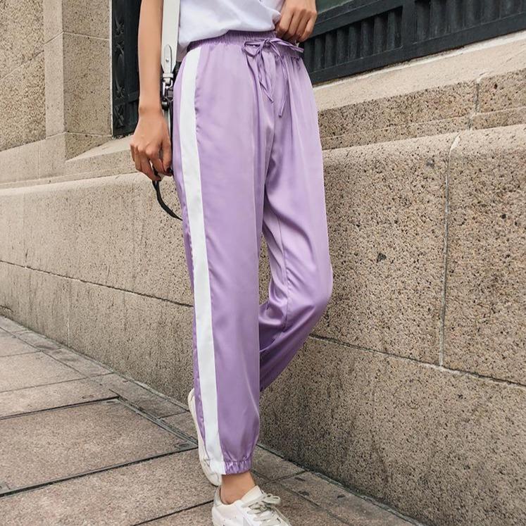 Light Summer Satin Pastel Colours Thick Side Sport Line Elastic Pants