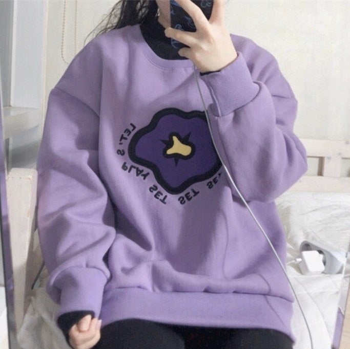 itGirl Shop LILAC EGRIL FLOWER EMBROIDERY PATCH LOOSE SWEATSHIRT