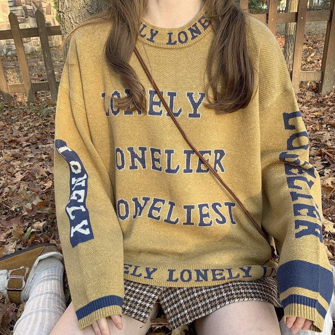 itGirl Shop LONELY RETRO TEXT YELLOW KNIT LOOSE SWEATER