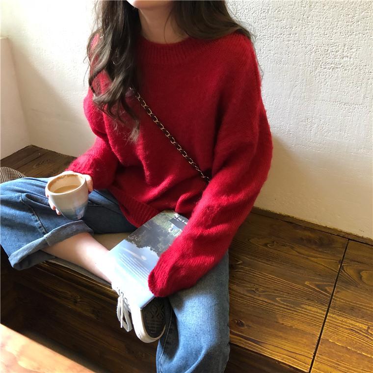 itGirl Shop LOOSE CANDY COLORS PULLOVER FLUFFY RIBBED SWEATER