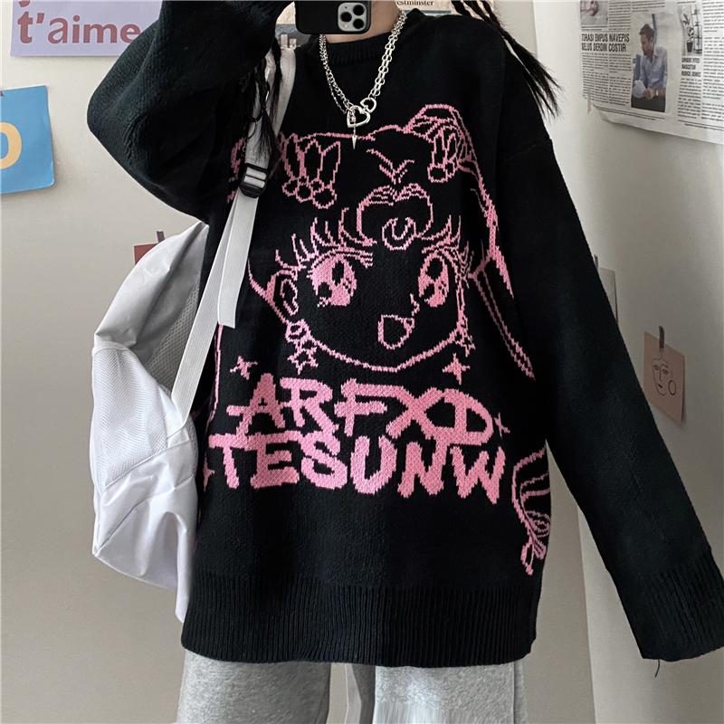 itGirl Shop MINT BLACK RETRO SAILOR MOON KNIT LOOSE SWEATER