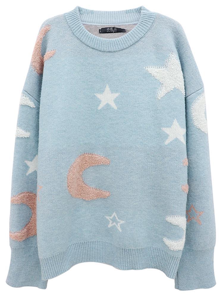 itGirl Shop MOON AND STARS PASTEL AESTHETIC COMFY LOOSE SWEATER