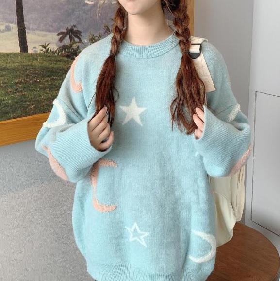 itGirl Shop MOON AND STARS PASTEL AESTHETIC COMFY LOOSE SWEATER