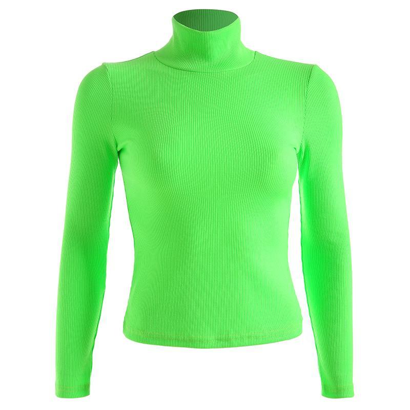 itGirl Shop NEON COLOR TURTLE NECK LONG SLEEVE KNIT RIBBED SHIRT