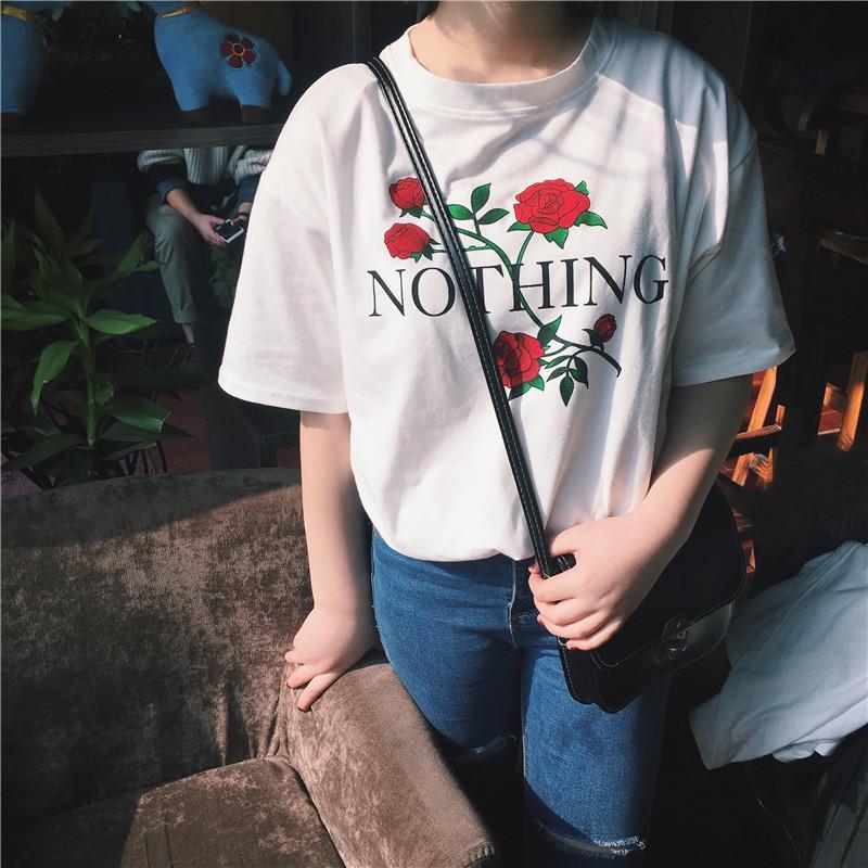 itGirl Shop NOTHING LETTERS RED ROSES FLOWERS WHITE T-SHIRT