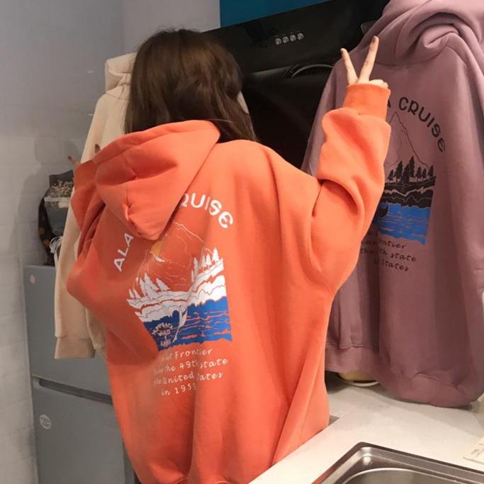 itGirl Shop OVERSIZE ALASKA CRUISE PRINT WARM HOODED SWEATSHIRT