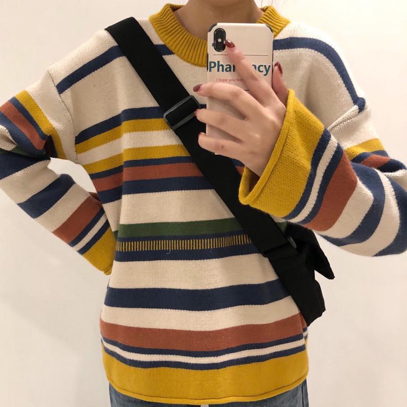 itGirl Shop OVERSIZED 90s CONTRAST STRIPES KNITTED SWEATER