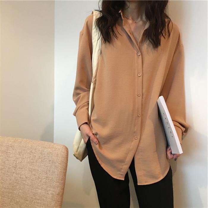 itGirl Shop OVERSIZED BEIVE BUTTONS COLLAR LONG BLOUSE