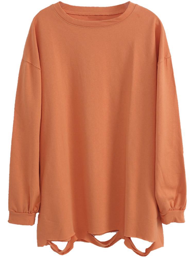 itGirl Shop OVERSIZED SOLID COLORS RIPPED HOLES O-NECK SWEATSHIRT