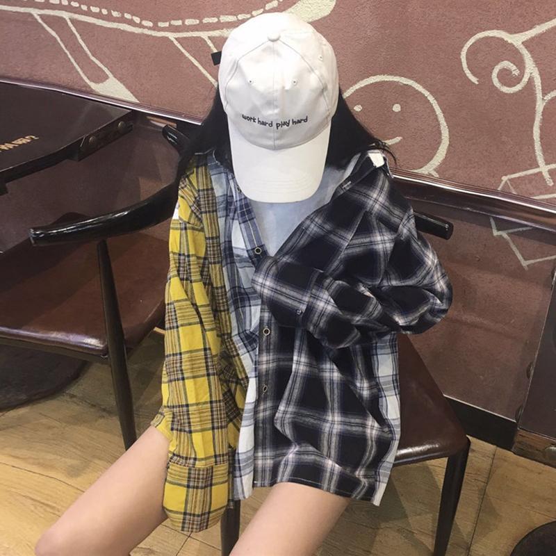 itGirl Shop OVERSIZED THREE PATCHED COLORS PLAID LOOSE SHIRT