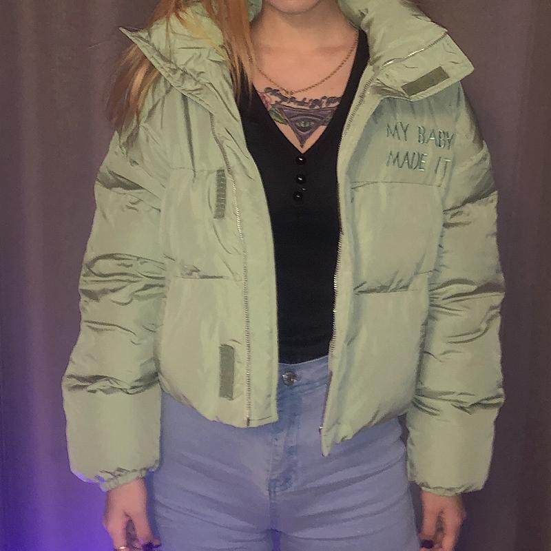 Pastel Green Puffed Embroidery Letters Cropped Jacket