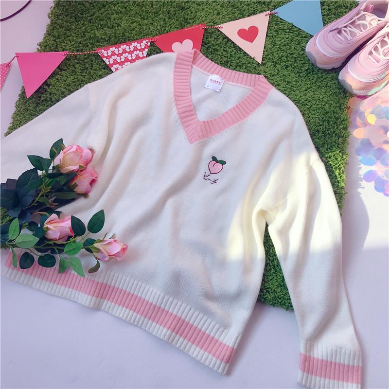itGirl Shop PEACH STRAWBERRY EMBROIDERY WHITE SWEATER