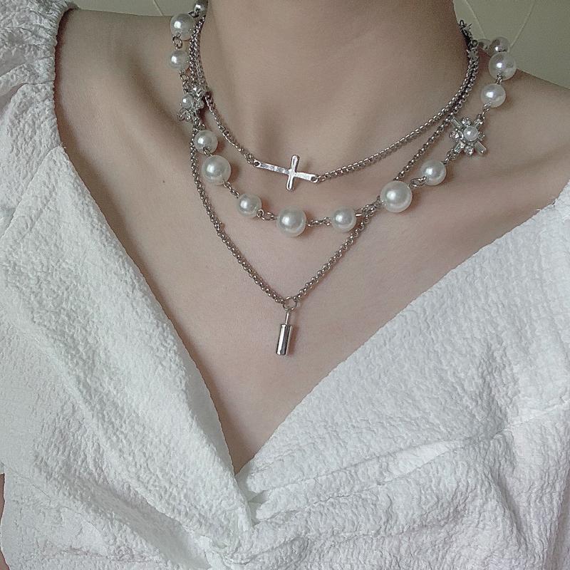 itGirl Shop PEARL BEADS CROSS MULTI LAYER SILVER CHAIN NECKLACE